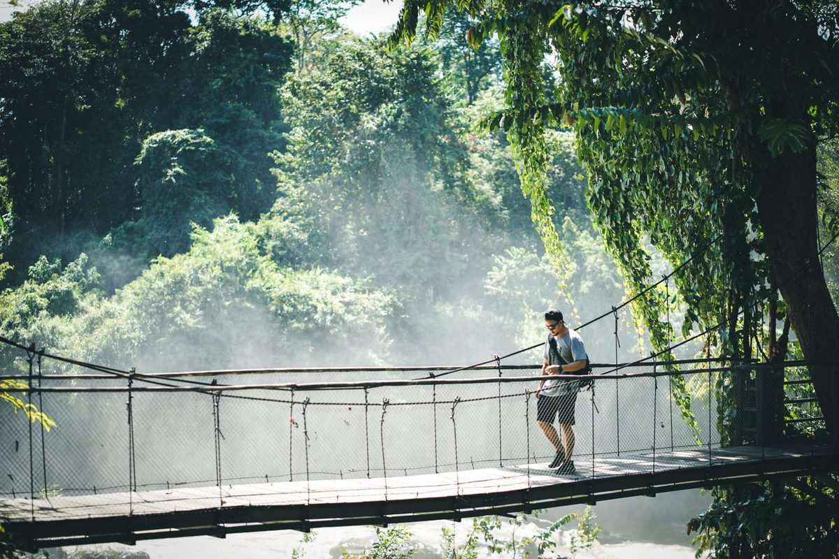 Man crossing a misty suspension bridge in a forest