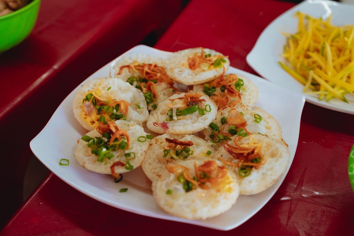 Vietnamese rice pancakes garnished with scallions.