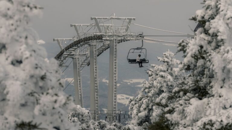 Chairlift ascending over snow-laden trees at a winter ski resort