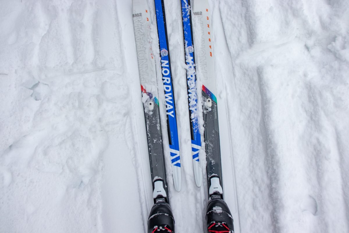 Top-down view of cross-country skis resting on a snowy trail