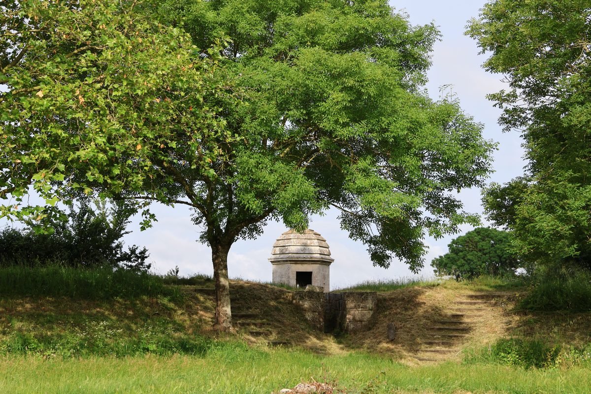 Historic stone structure surrounded by vibrant green trees