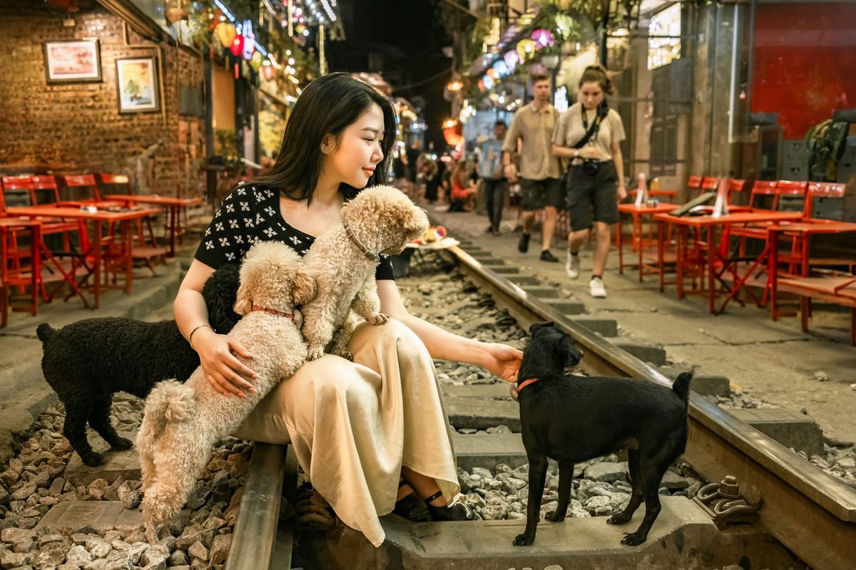 A woman interacting with dogs on the narrow Hanoi train street lined with cafes