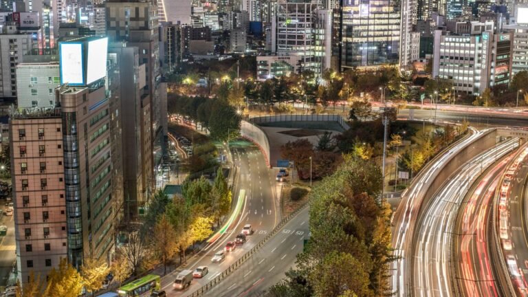 A bustling Seoul street with illuminated buildings and traffic at night.