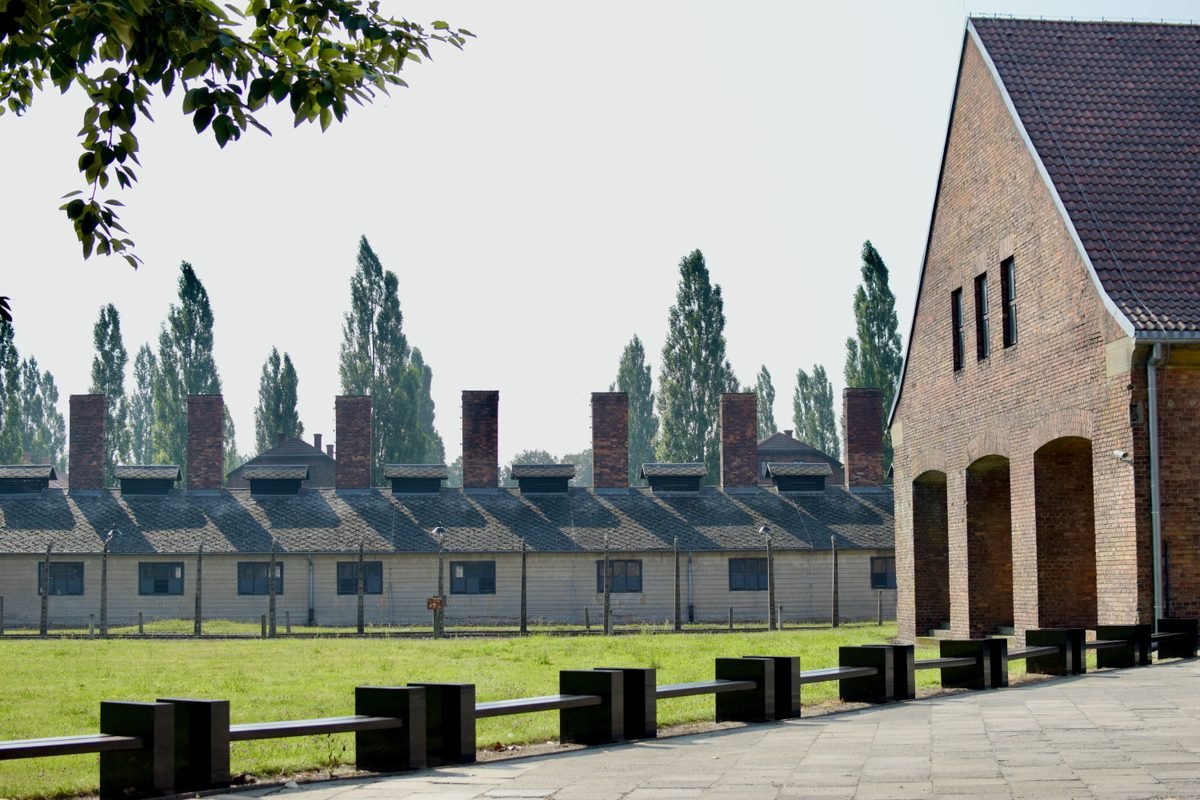 Historic view of Auschwitz-Birkenau concentration camp barracks in Poland.