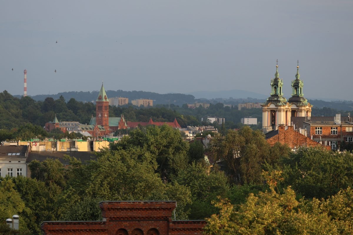 Historic church towers in Krakow skyline