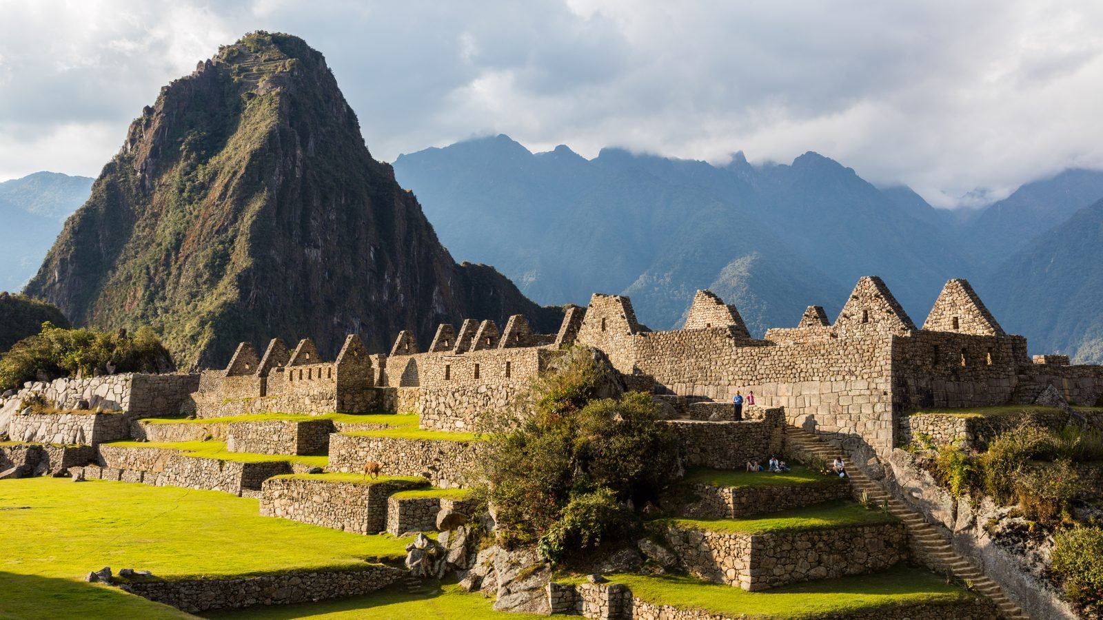 Ancient stone houses and green agricultural terraces of Machu Picchu with towering peaks behind