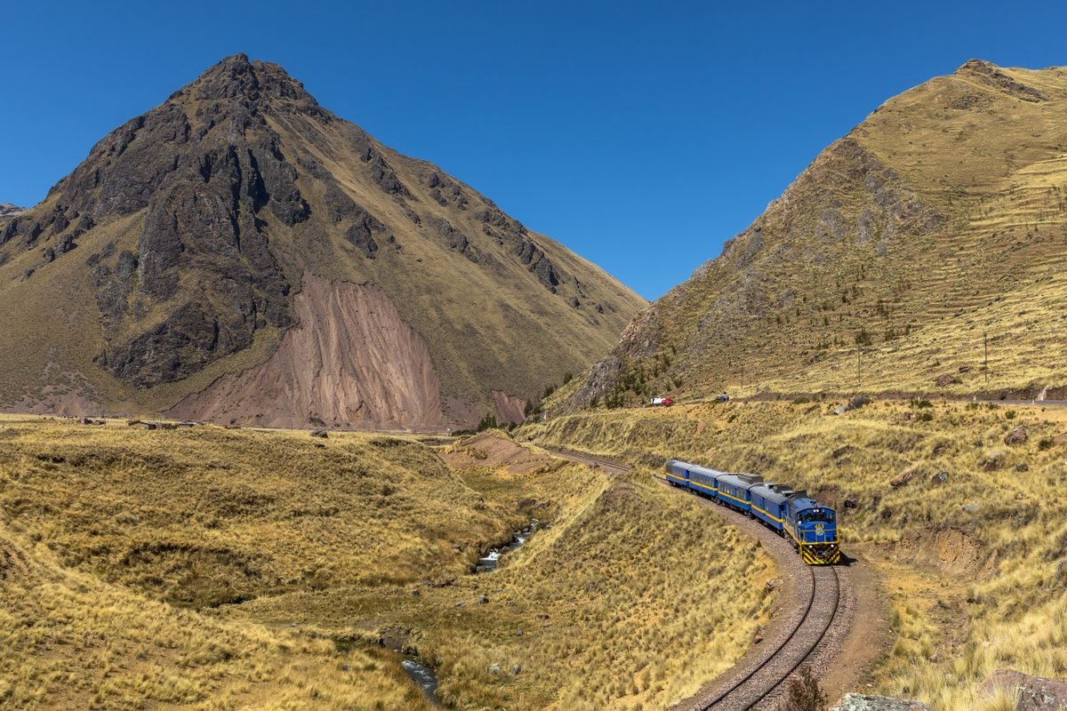 PeruRail train winding through an arid Andean mountain valley