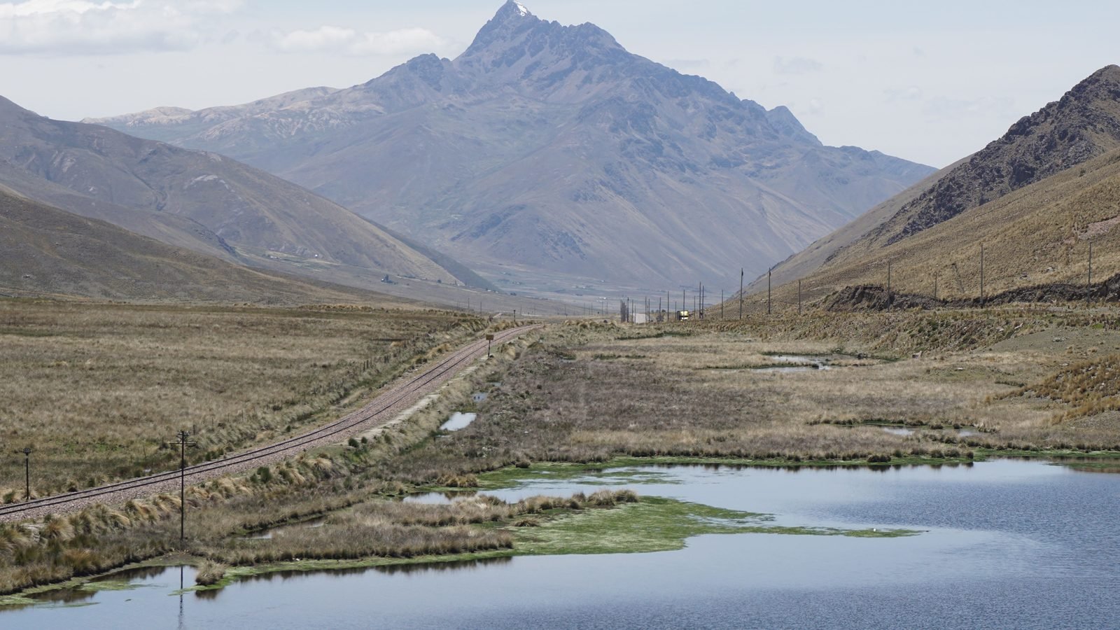 Railway track running alongside a calm lake in the high Andes