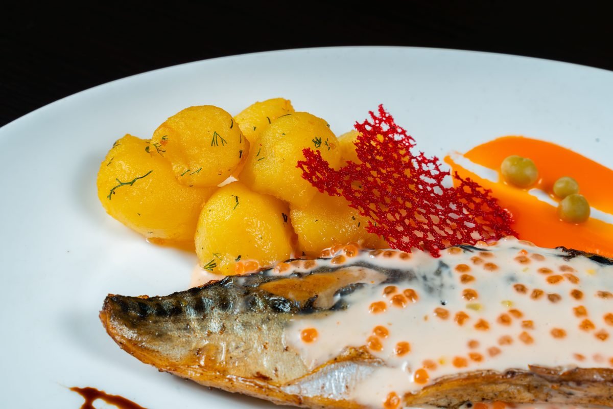 Gourmet fish fillet served with potatoes and decorative garnish