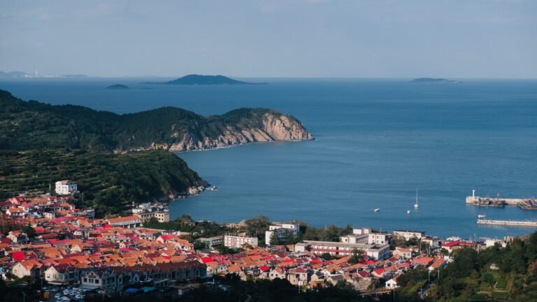 Aerial view of a coastal town with red-roofed houses nestled on a hillside overlooking the ocean