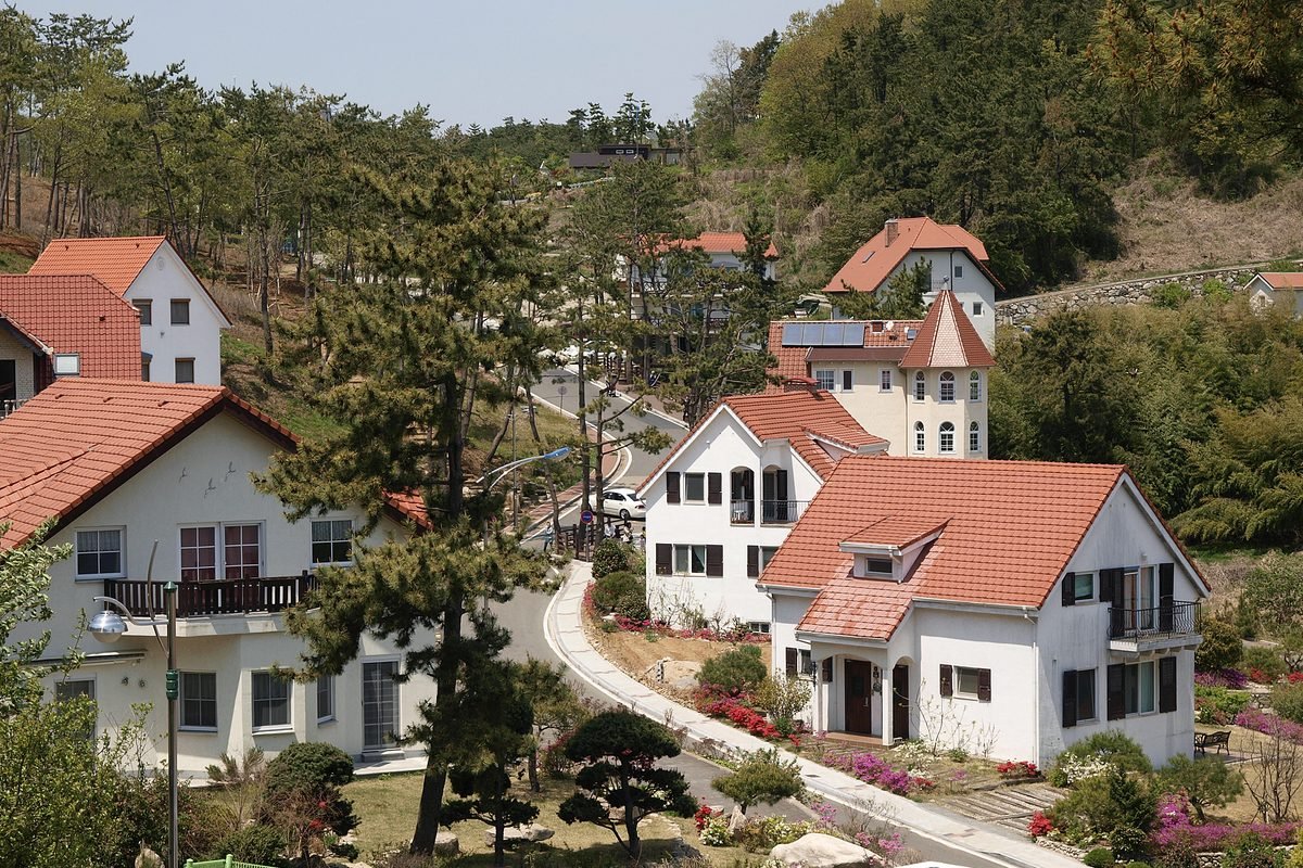 German Village houses with orange roofs in Namhae, South Korea.