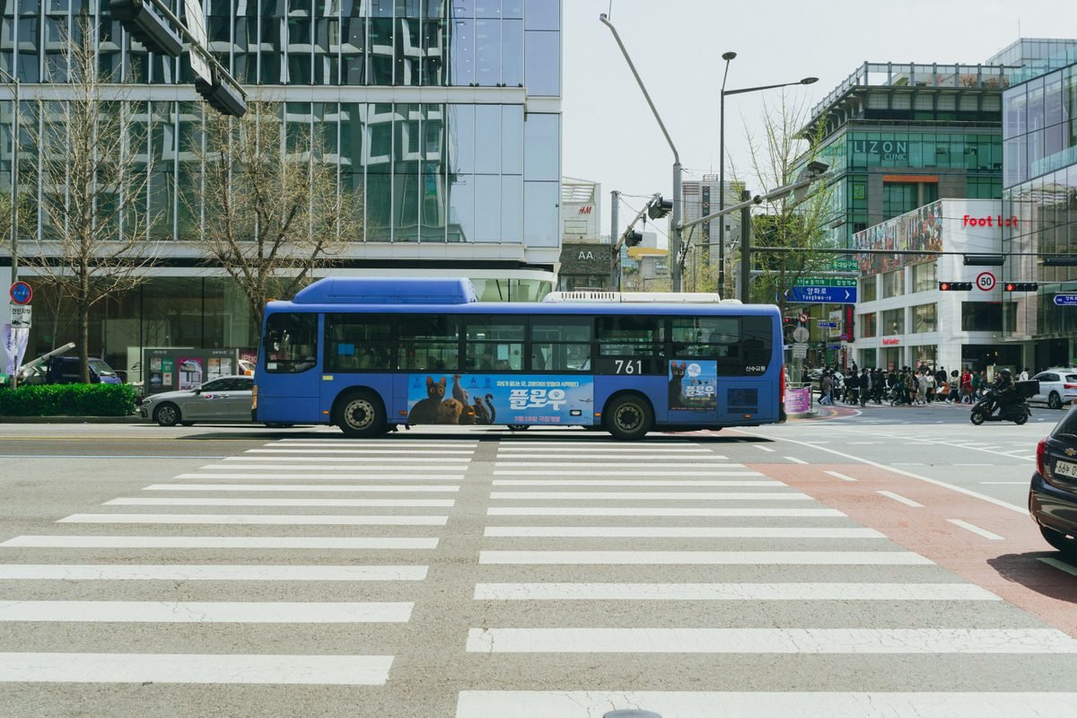Blue bus on a crosswalk in downtown Seoul