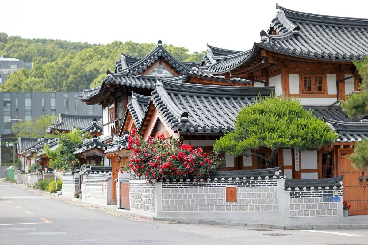 Traditional Hanok buildings with red flowers in Seoul