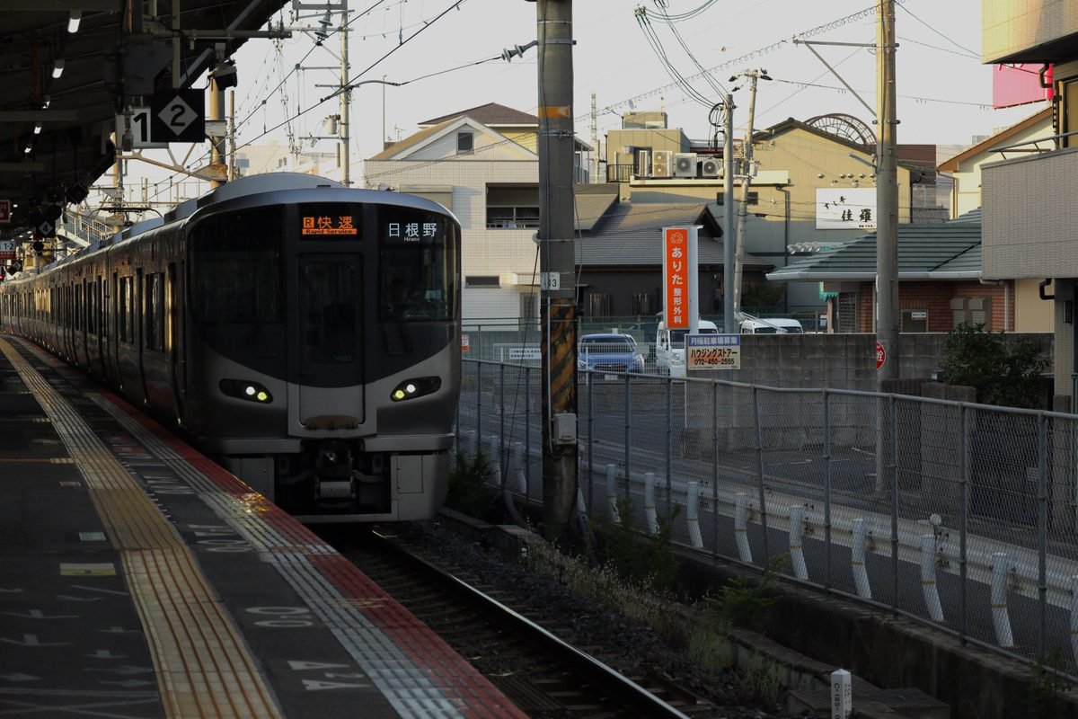 Commuter train arriving at Izumisano Station in Osaka during the day.