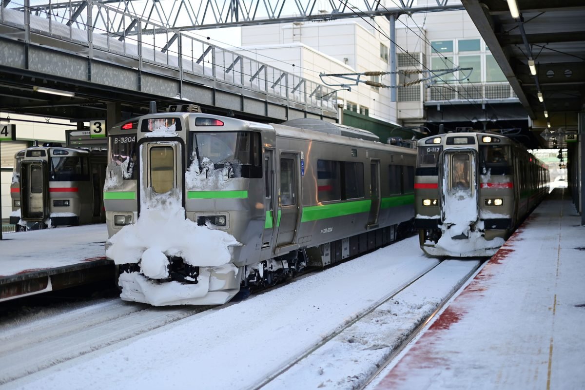 Trains covered in snow parked at a railway station platform.