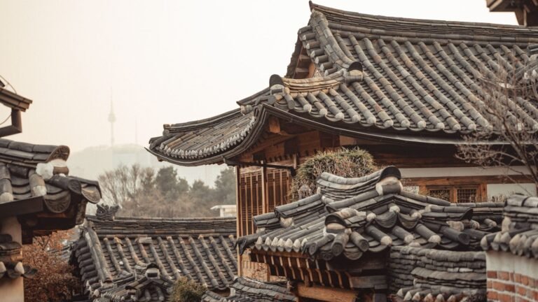 Traditional Korean hanok tile roofs in Bukchon Hanok Village in Seoul