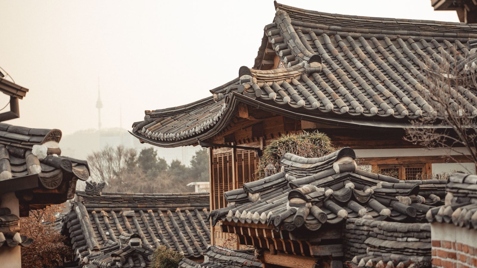 Traditional Korean hanok tile roofs in Bukchon Hanok Village in Seoul