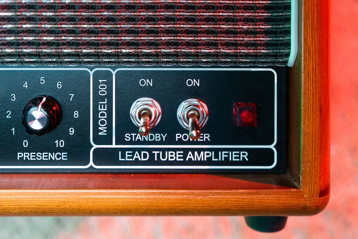 Detailed view of a vintage tube amplifier control panel