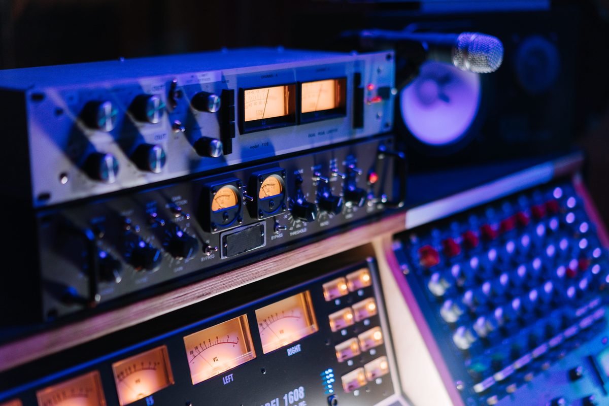 Professional music studio audio equipment and mixing console
