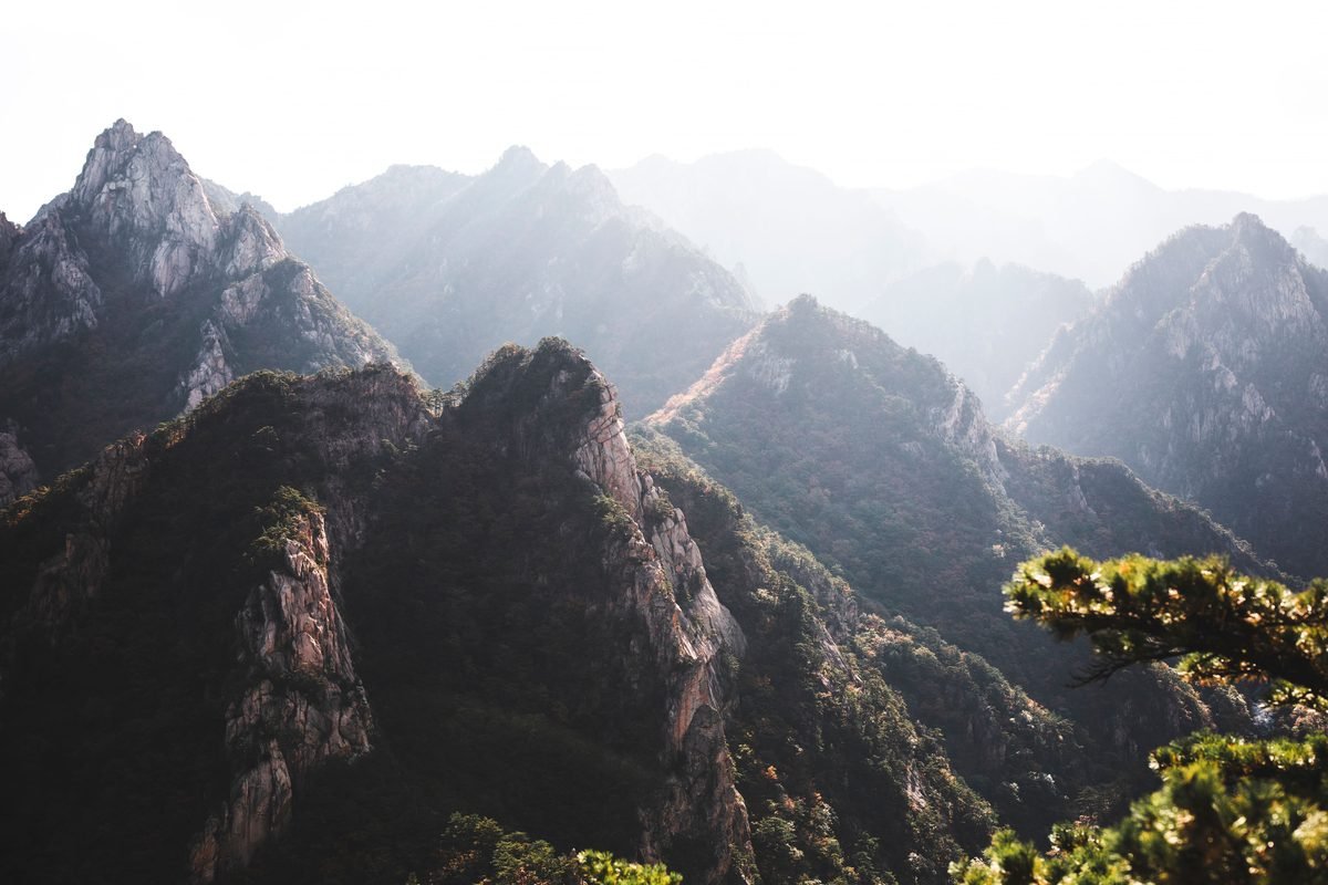 Rugged rocky peaks of Seoraksan mountains bathed in early morning sunlight.
