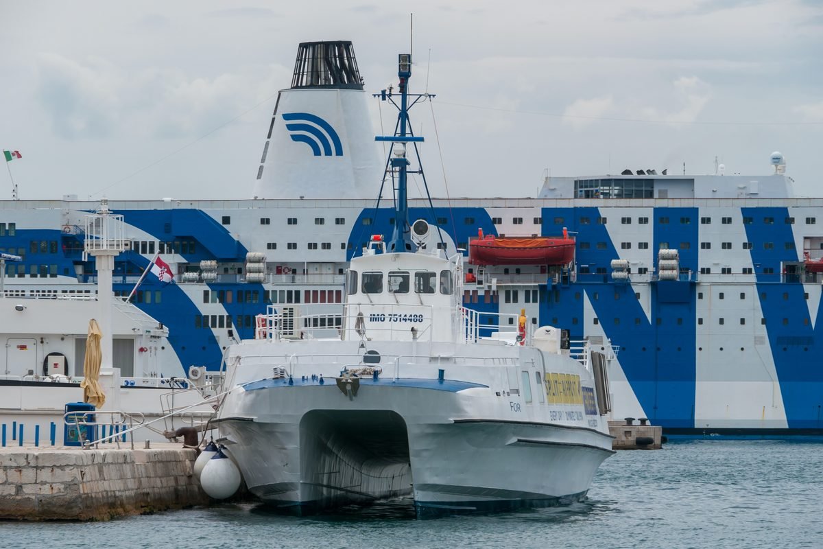 Catamaran ferry docked in the harbor of Split for island trips