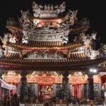 Ornate glowing temple facade at Raohe Street Night Market in Taipei